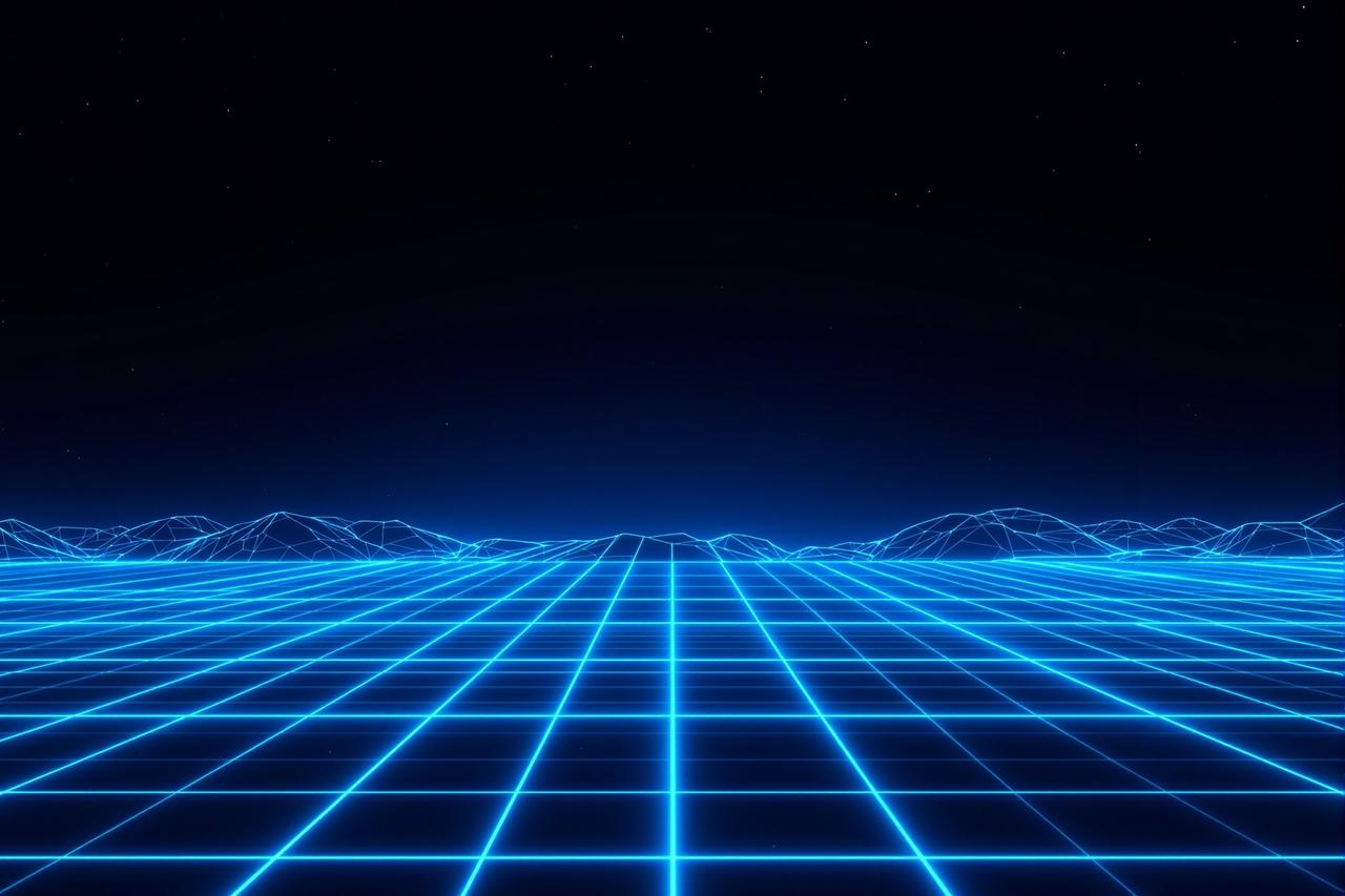 八度影院背景 - 霓虹像素网格构成的数字电影世界